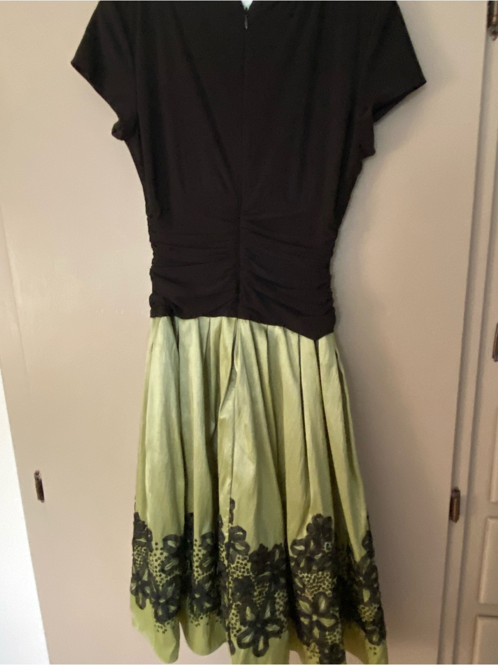 S.L. Fashions Black and Lime Green Midi Dress with Lace Trim